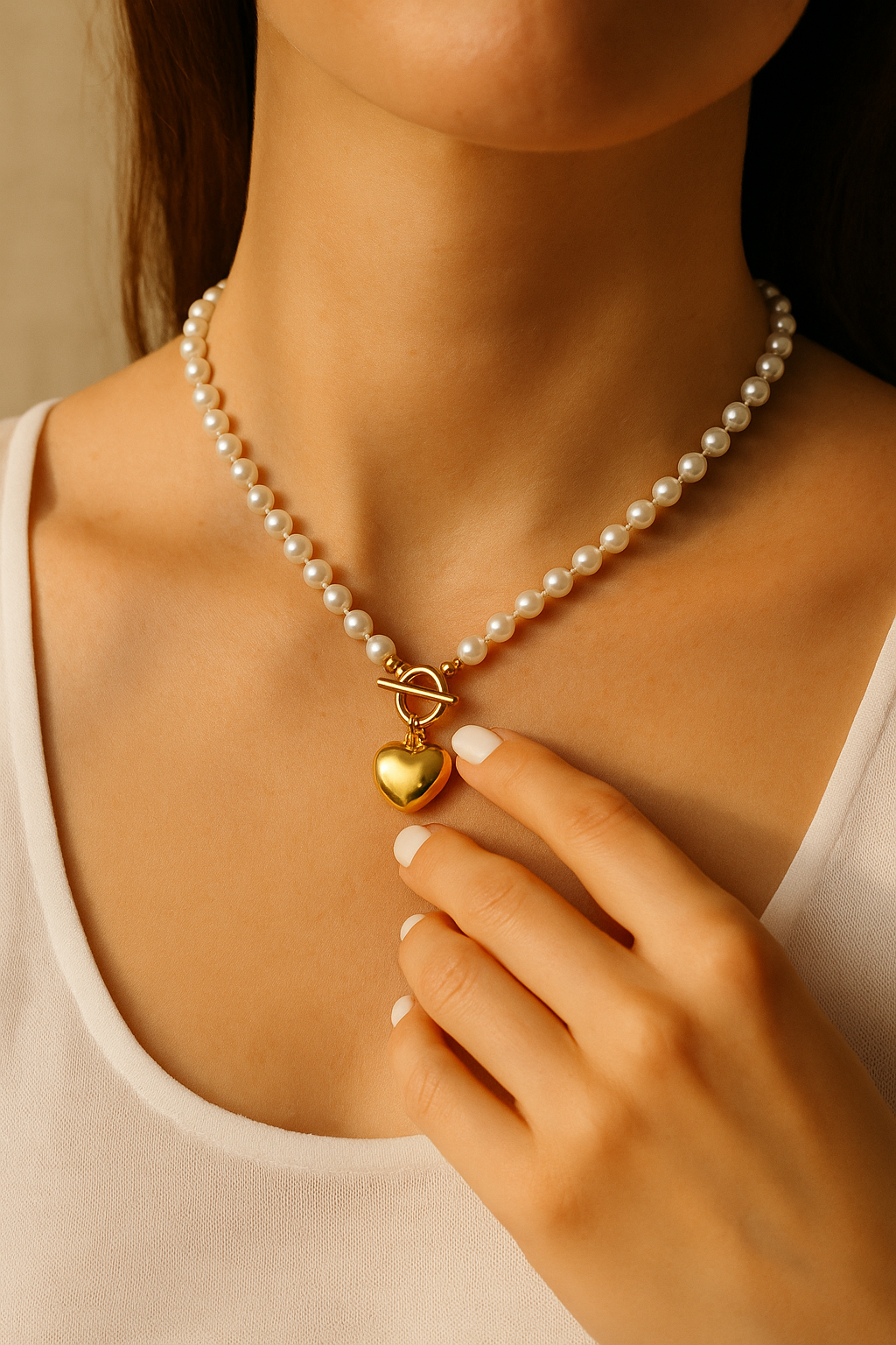 Colar Pérola com Pingente de Coração