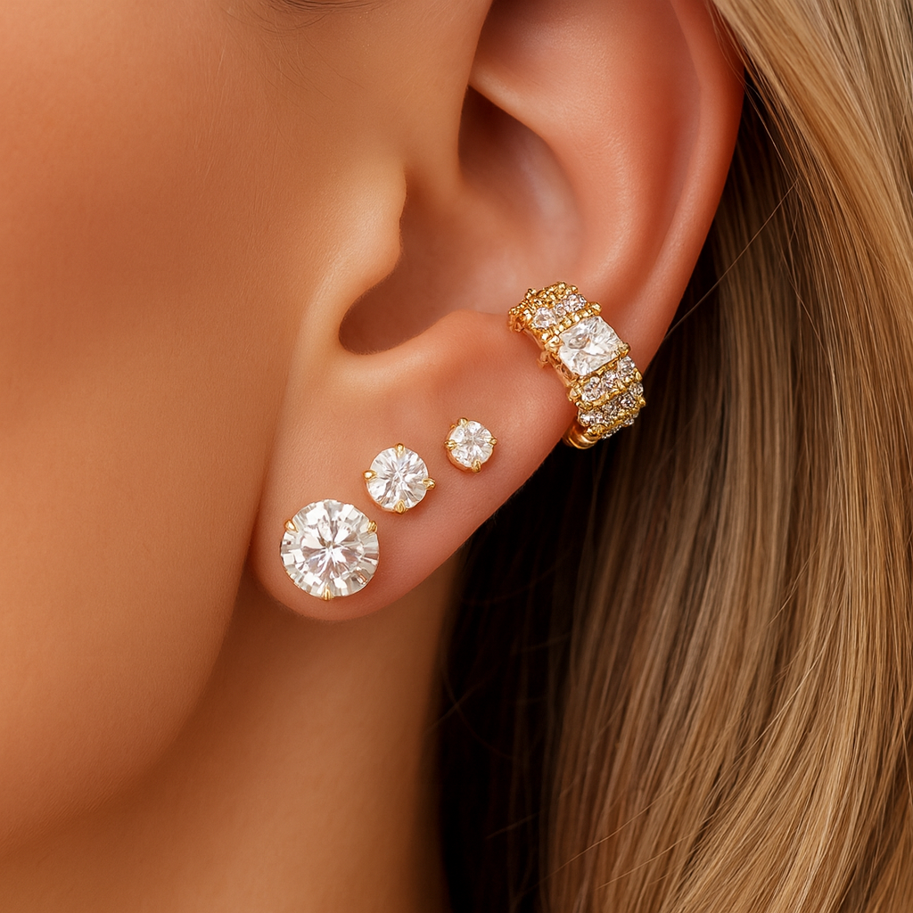 Trio de Brincos Ponto de Luz Redondo Dourado - Aço Inoxidável