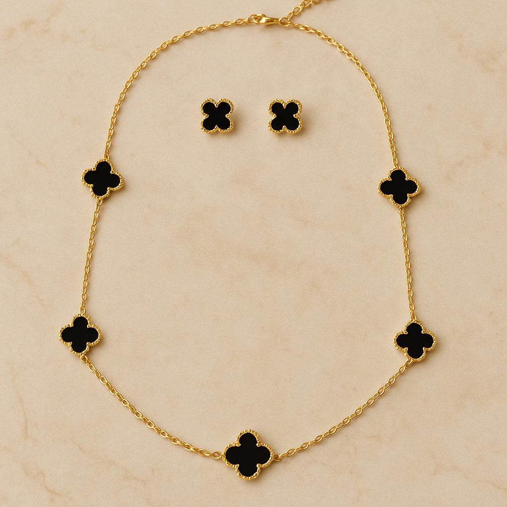 Conjunto Brinco e Colar Trevo Pequeno Dourado - Aço Inoxidável Dourado