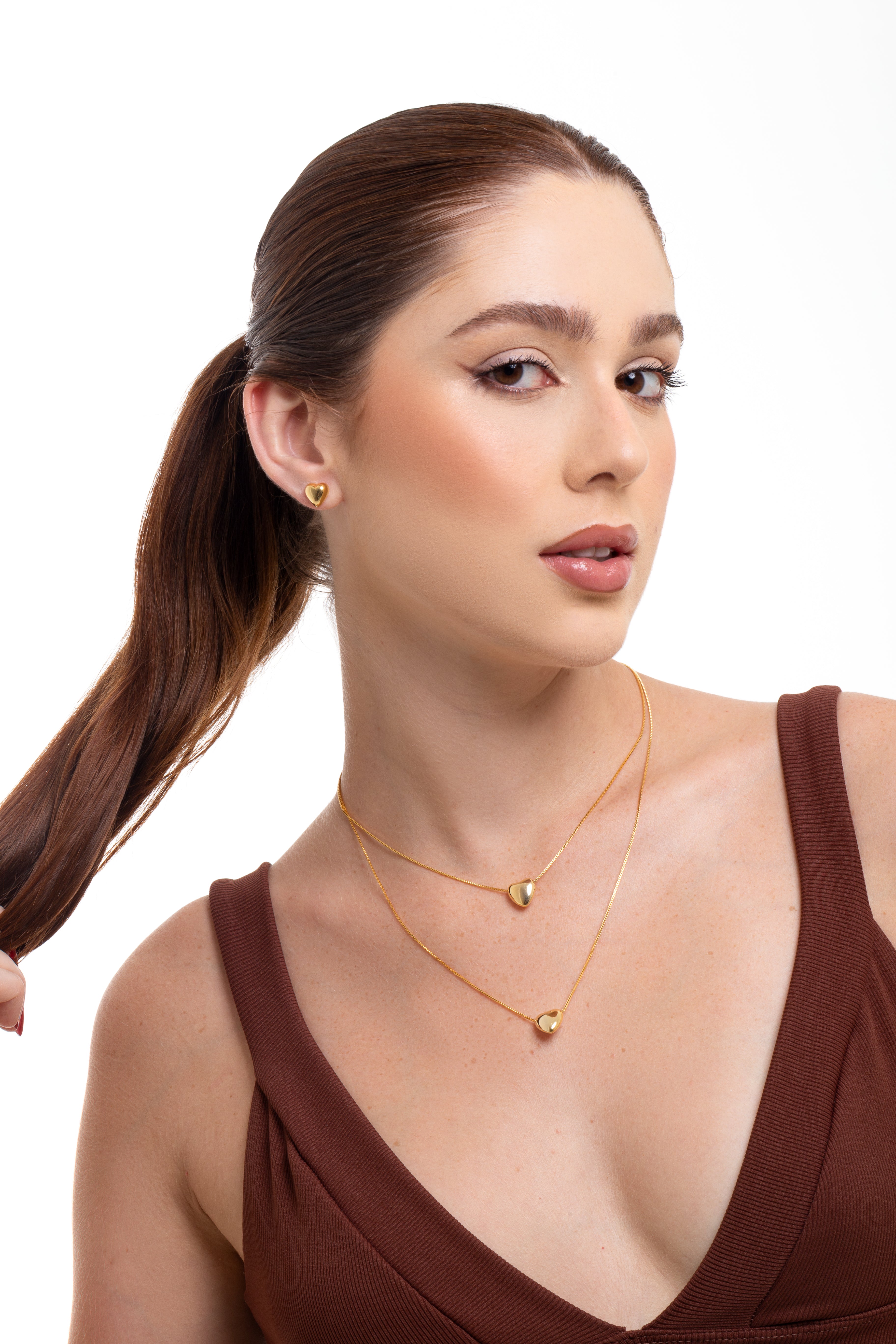 Conjunto Colar e Brinco Corações Dourado