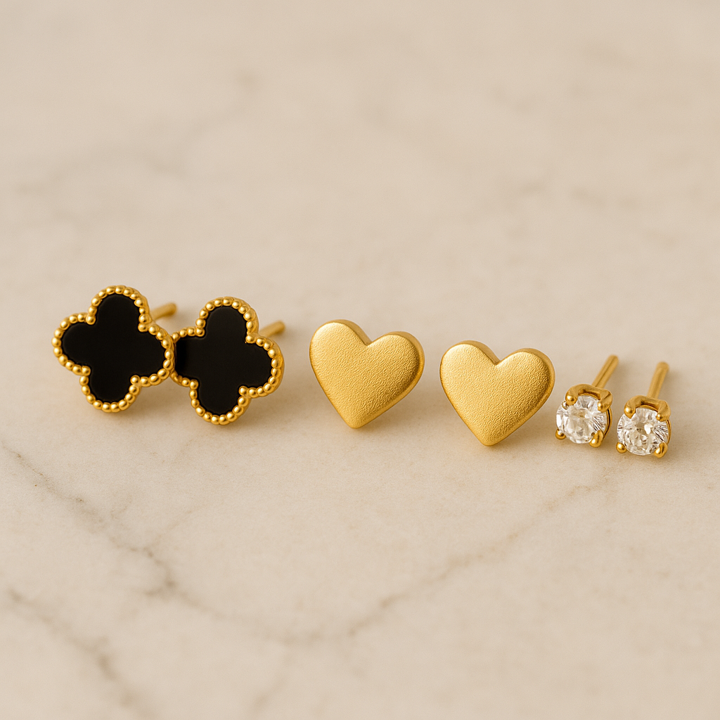 Trio de Brincos Delicado Dourado – Aço Inoxidável