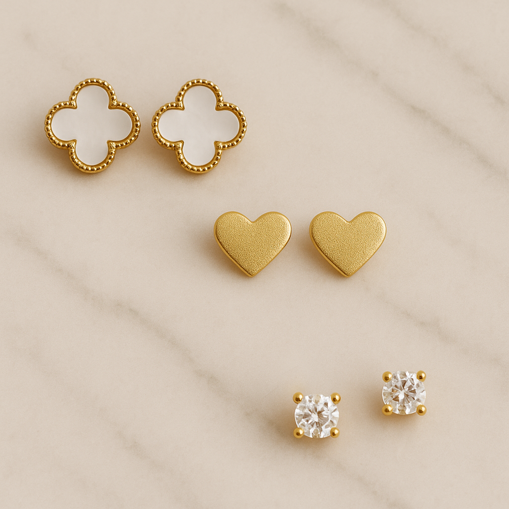 Trio de Brincos Delicado Dourado – Aço Inoxidável